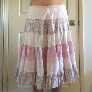 Pink floral and striped midi skirt